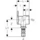 Geberit Anschlusswinkel mit Befestigungselement, rechte Winkelkonfiguration, zur Verbindung von Rohrleitungen in der Installationstechnik. Diagramm zeigt Maße und Details.