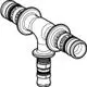 T-Stück aus Kunststoff mit zwei Anschlussmöglichkeiten, verwendet in Rohrleitungssystemen, hergestellt von Geberit.