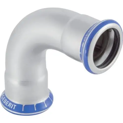 Geberit Edelstahlbogen in gebogener Form, mit blauer Dichtung. Verwendbar für Rohrverbindungen in sanitären Anlagen.
