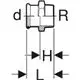 Geberit Mapress Edelstahl Übergangstück mit Außengewinde, schematische Darstellung mit Maßen d, R, H und L sowie zugehörigen Pfeilen und Symbolen.