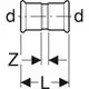 Edelstahl Muffe von Geberit, dargestellt in einer schematischen Zeichnung mit Maßen und Abmessungen, zur Verbindung von Rohrleitungen.