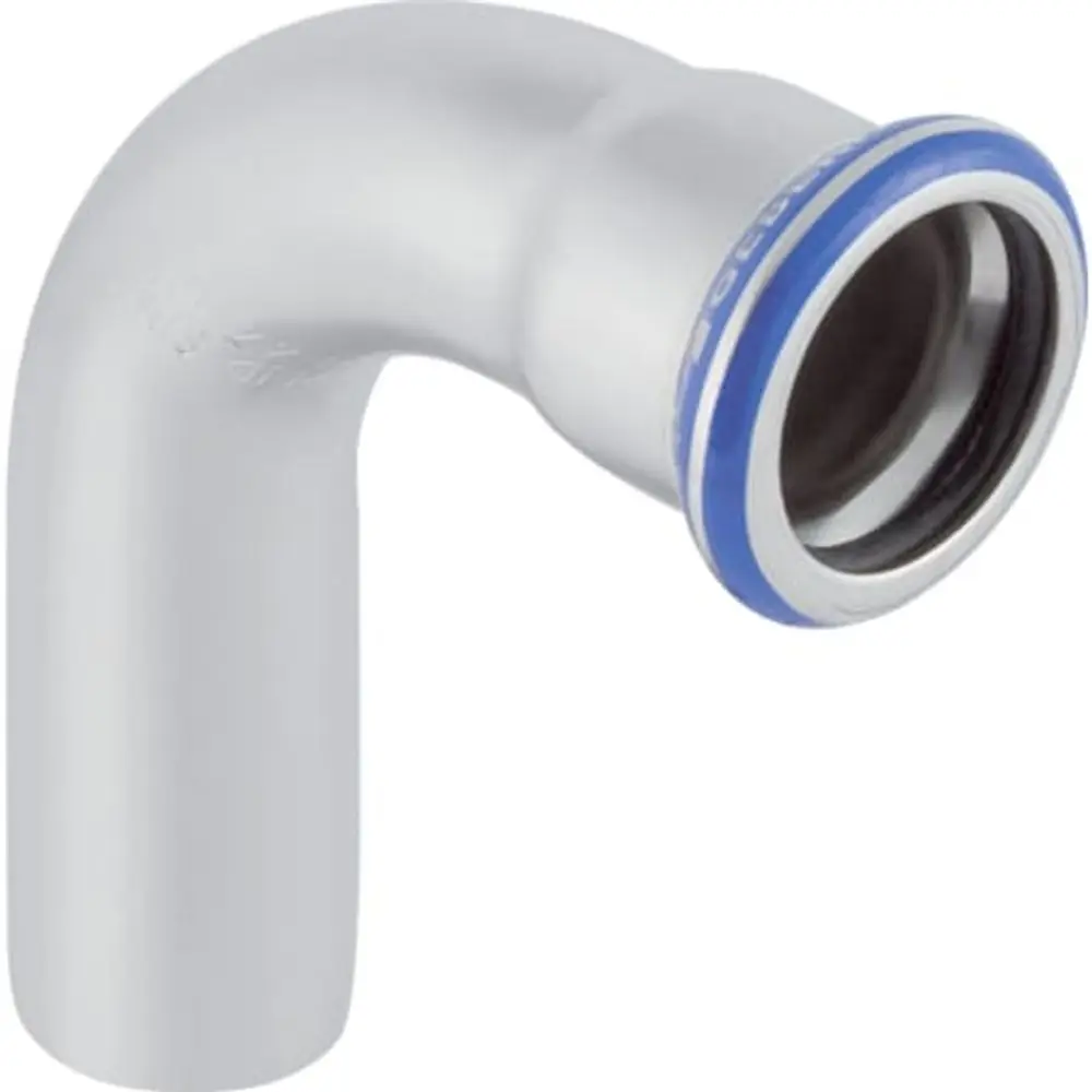 Bogen aus Edelstahl mit einer Einschubende, geeignet für Rohrverbindungen. Produkt von Geberit, ideal für Sanitärinstallationen in Rohrsystemen.