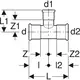 Mapress Edelstahl T-Stück mit reduzierter Bauform, dargestellt in einer technischen Zeichnung. Maße und Verbindungen sind schematisch aufgeführt. Geberit ist die Marke des Produkts.