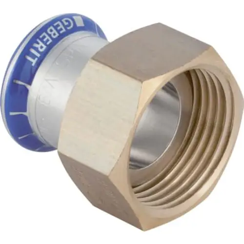 Geberit Edelstahl Übergang mit Überwurfmutter, hexagonal, mit innenliegender Gewindeöffnung. Klarer Blick auf das Anschlussdesign, geeignet für Verbindungselemente.