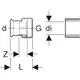 Geberit Edelstahl Übergang mit Überwurfmutter, dargestellt in einer schematischen Ansicht, mit beschrifteten Maßen für d, G, di, Z und L.