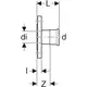 Geberit Edelstahl Flansch mit Pressmuffe, zeigt Konstruktionsdetails wie Durchmesser, Wandstärke und Längenmaße in schematischer Darstellung.
