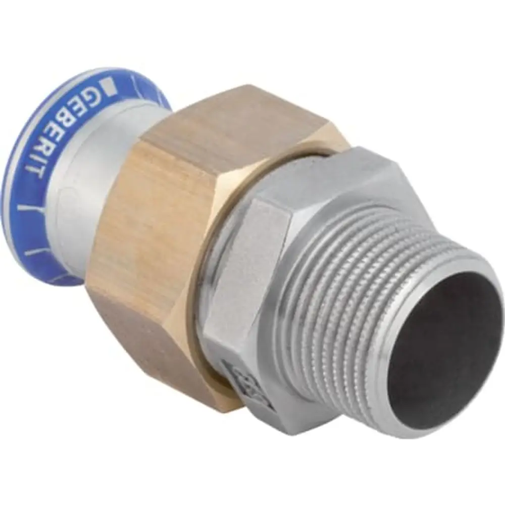 Übergangsverschraubung mit Außengewinde aus Metall, gefertigt von Geberit. Geeignet für Rohrverbindungen in Installationen.