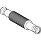 Edelstahlkompensator mit Pressmuffen, präsentiert von Geberit, zeigt eine flexible, gewellte Struktur und zwei glatte Enden zur einfachen Verbindung von Rohren.
