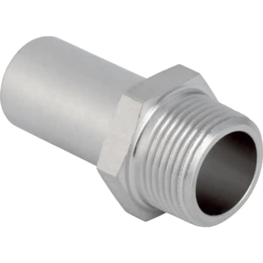 Edelstahl Übergang mit Außengewinde und Einschubende, hergestellt von Geberit. Das Produkt zeigt ein gerades Metallrohr mit einer Gewindeverbindung.