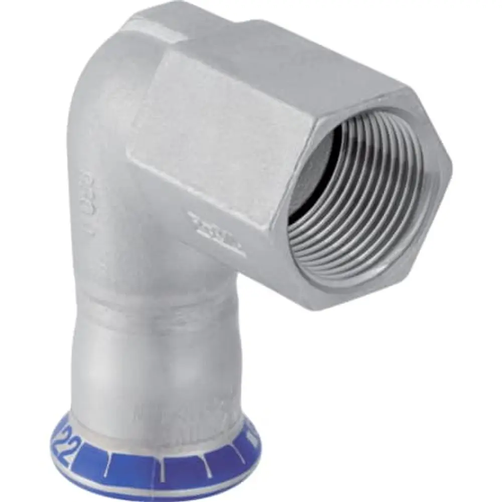 Mapress Edelstahl Übergangswinkel mit Innengewinde in einem 90°-Winkel, gefertigt von Geberit, zur Verbindung von Rohren in sanitären Installationen.