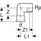 Geberit Mapress Edelstahl Übergangswinkel, 90° mit Innengewinde. Technische Zeichnung mit Maßangaben zu L, Z, d, Rp, Z1, L1.