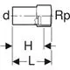 Geberit Edelstahl Übergang mit Innengewinde und Einschubende, schematische Darstellung mit Beschriftungen für Maße und Gewindearten.