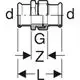 Geberit Mapress Edelstahl Verschraubung, schematische Darstellung mit Maßangaben für Durchmesser, Gewinde und Längenverhältnis, in schwarz-weißem Technikdesign.