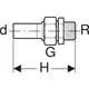 Mapress Edelstahl Übergangsverschraubung mit Außengewinde und Einschubende, abgebildet in technischem Schema, dargestellt mit Maßen und Gewindebezeichnungen. Geberit.