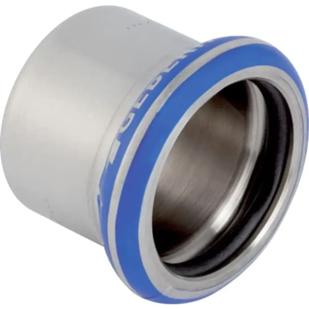 Edelstahlkappe mit blauer Dichtung und silberner Oberfläche, gefertigt von Geberit, für Verbindungsanwendungen in Rohrsystemen.