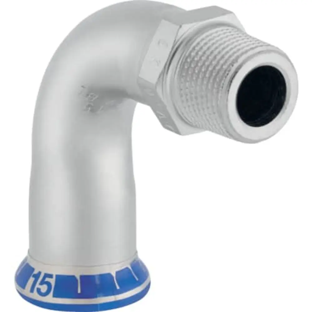 Mapress Edelstahl Übergangsbogen mit Außengewinde in 90°-Form. Produkt von Geberit für Rohrverbindungen in Sanitärinstallationen.