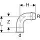 Mapress Edelstahl Übergangsbogen, dargestellt in einer schematischen Zeichnung mit Maßen und Anschlussdetails, gefertigt von Geberit. 
