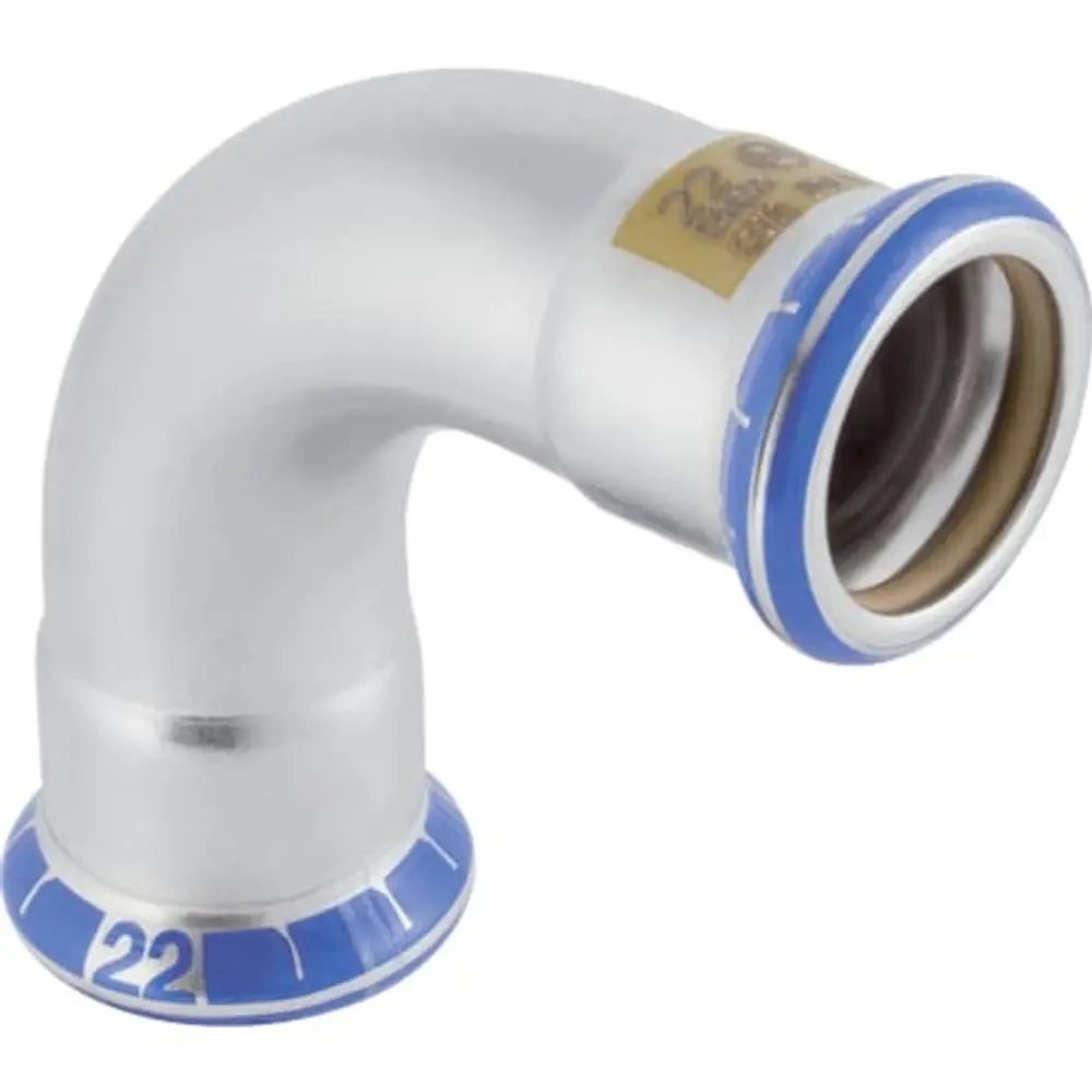 Mapress Edelstahlbogen mit einem gewinkelten Design, hergestellt von Geberit, zur Verbindung von Rohren in Gasinstallationen.