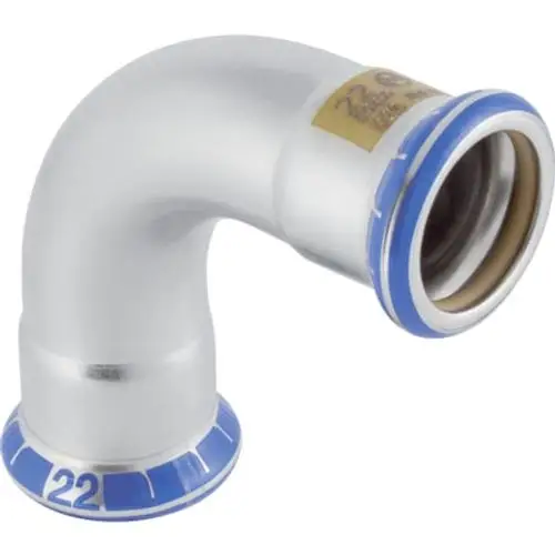 Mapress Edelstahlbogen mit einem gewinkelten Design, hergestellt von Geberit, zur Verbindung von Rohren in Gasinstallationen.