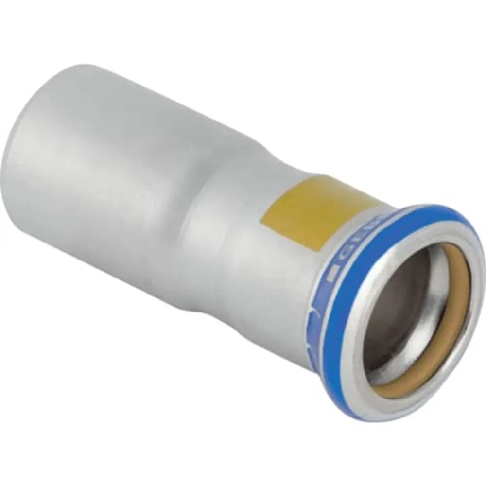 Geberit Mapress Edelstahl Reduktion mit Einschubende in silbernem Metall, geeignet für Gasinstallationen, zeigt eine konische Form mit doppelter Dichtung an einem Ende.