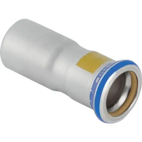 Geberit Mapress Edelstahl Reduktion mit Einschubende in silbernem Metall, geeignet für Gasinstallationen, zeigt eine konische Form mit doppelter Dichtung an einem Ende.