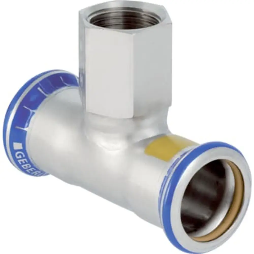 Edelstahl T-Stück mit Innengewinde, geeignet für Gasinstallation. Geberit-Produkt mit einem geraden Anschluss und zwei seitlichen Ausgängen.