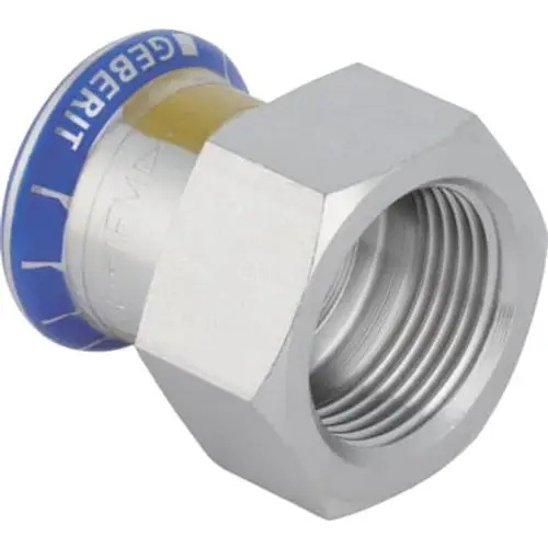 Edelstahl Übergang mit Innengewinde, gefertigt von Geberit. Das Produkt ist für Gasleitungen geeignet und zeigt eine hexagonale Form mit einem blauen Abdeckring.