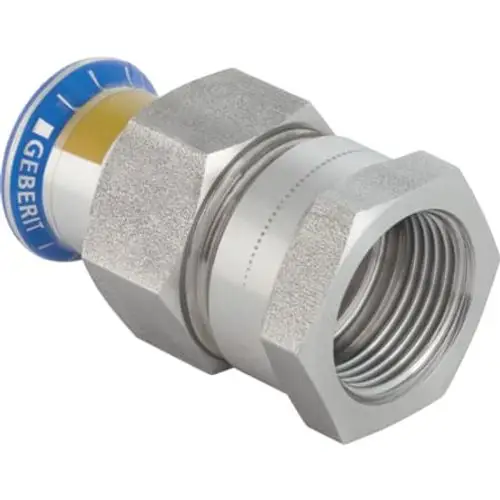 Edelstahl-Verbinder mit Gewinde und Dichtungsring, ideal für Rohrverbindungen in Sanitärsystemen.