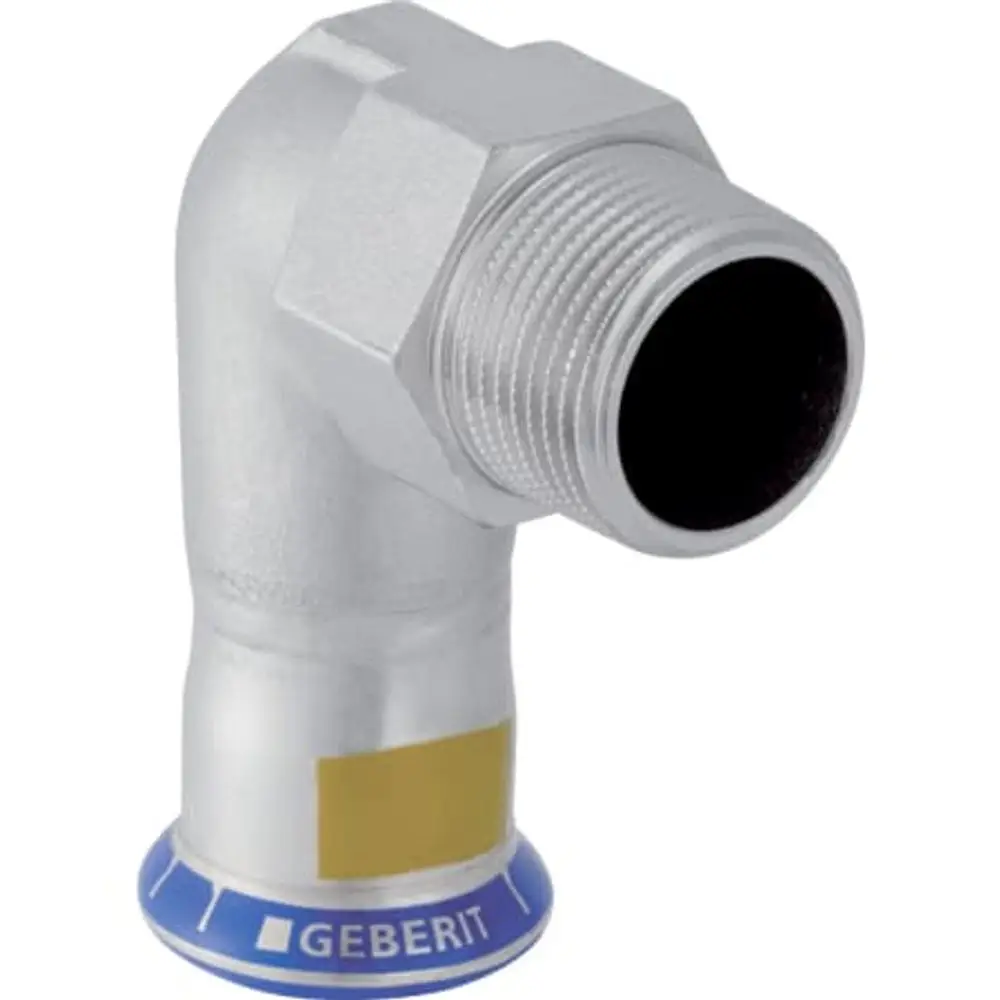 Übergangswinkel mit Außengewinde, hergestellt von Geberit. Das Produkt hat eine 90°-Biegung und ist aus Edelstahl gefertigt.