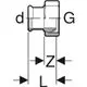 Mapress Edelstahl Übergang mit Überwurfmutter aus CrNi-Stahl, verwendet für gasförmige Medien, hergestellt von Geberit, schematische Darstellung mit Maßbezeichnungen.