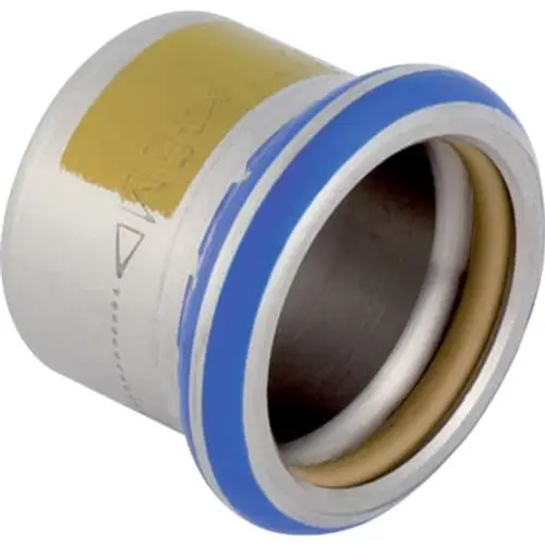 Edelstahl-Kappe mit blauer und gelber Dichtung, produziert von Geberit. Geeignet für Rohrverbindungen im Gasbereich, erkennbar durch die spezifische Bauform.
