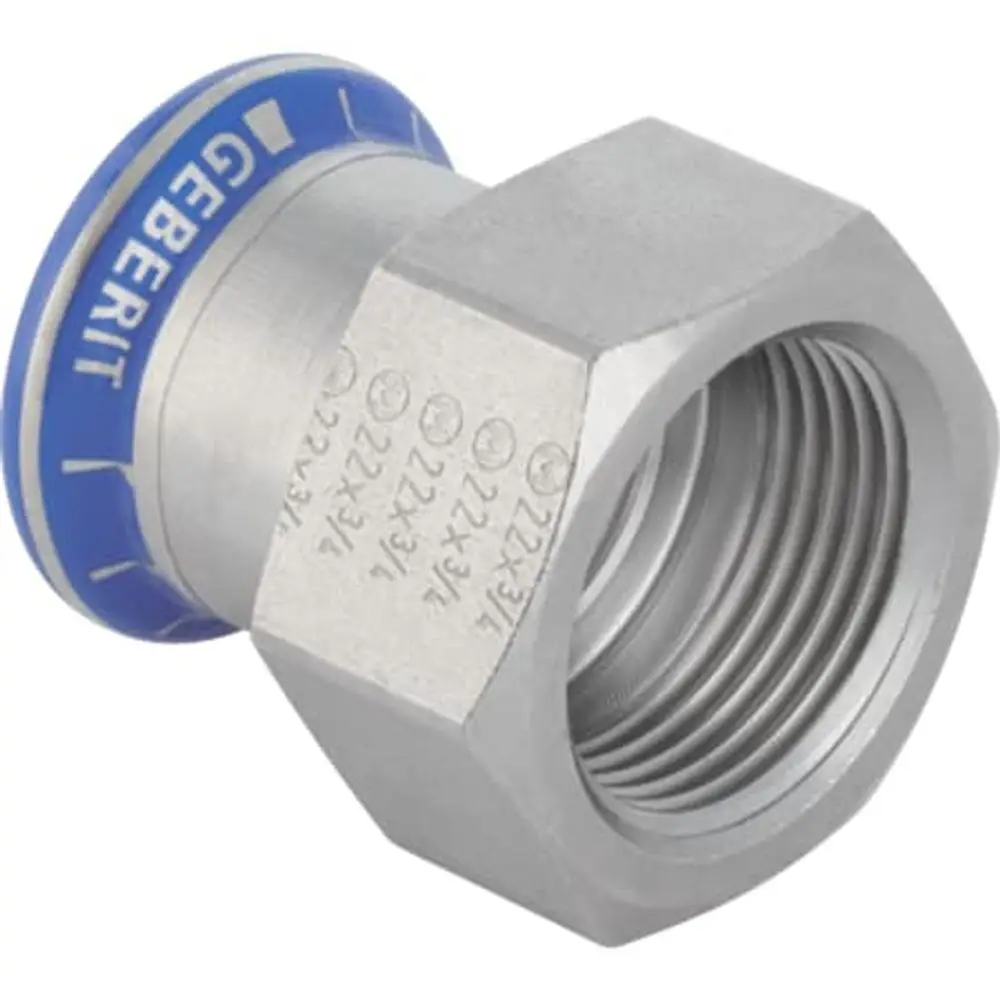 Lötgewehr mit Innengewinde, aus Edelstahl, im Design von Geberit. Das Produkt zeigt eine schmale, zylindrische Form mit einem blauen Ring am oberen Ende.