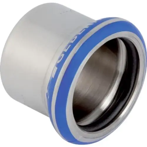 Edelstahl-Kappe mit blauer Dichtung von Geberit. Die Kappe hat eine glatte Oberfläche und ein Innengewinde zur Verbindung von Rohrleitungen.