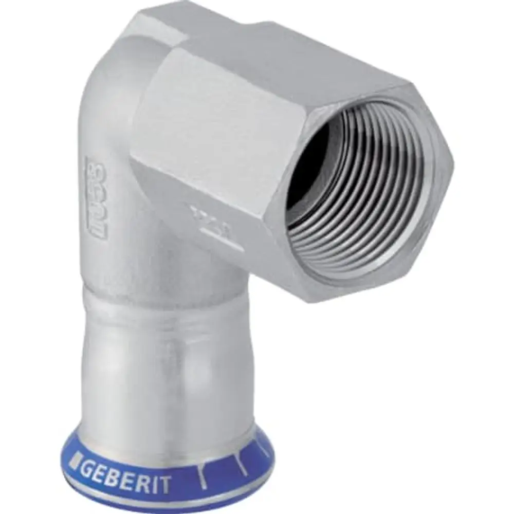 Übergangswinkel mit Innengewinde aus Edelstahl, gefertigt von Geberit. Das Produkt zeigt eine 90°-Biegung und ist für Rohrverbindungen geeignet.
