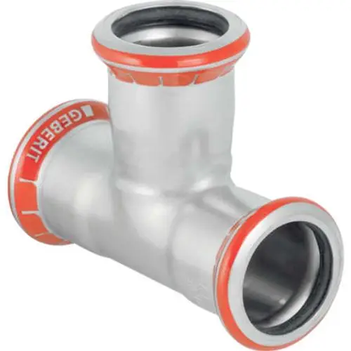 Mapress C-Stahl T-Stück von Geberit mit zwei seitlichen und einem mittleren Anschluss. Das Produkt ist aus hochwertigem Stahl gefertigt und hat eine glatte Oberfläche.