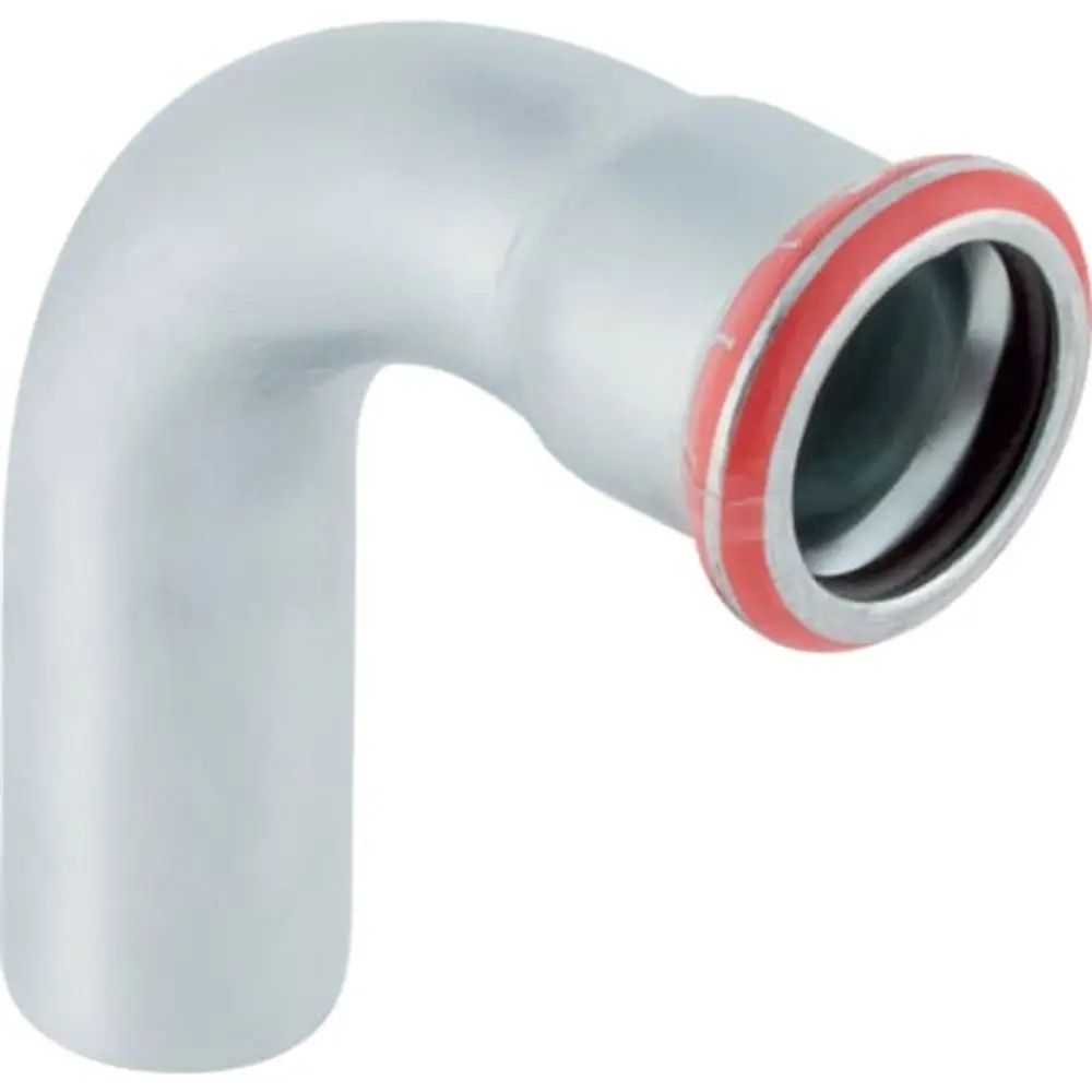 Mapress Bogen aus C-Stahl mit Einschnitt und rotem Dichtungsring, passend für Rohrverbindungen. Produkt von Geberit, optisch schlicht und funktional.