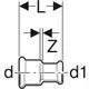 Mapress C-Stahl Muffe mit reduzierten Durchmessern, grafische Darstellung der Maße sowie Formdetails, präsentiert von Geberit.
