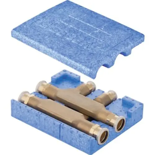 Geberit Dämmbox mit einem Kreuzungs-T-Stück, aus blauem Material, das zwei Anschlüsse aufweist. Die Box schützt die Verbindungsteile vor Wärmeverlust.