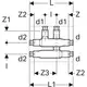 Geberit Mapress Kreuzungs-T-Stück mit Dämmbox, schematische Darstellung mit Abmessungen und Anschlussdetails für Rohrverbindungen in Heizungsinstallationen.