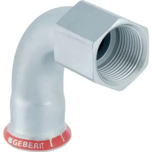 Edelstahl Übergangsbogen mit Innengewinde, 90° Winkel, im oberen Bereich mit einer Sechskantmutter, unten gekennzeichnet mit dem Logo von Geberit.