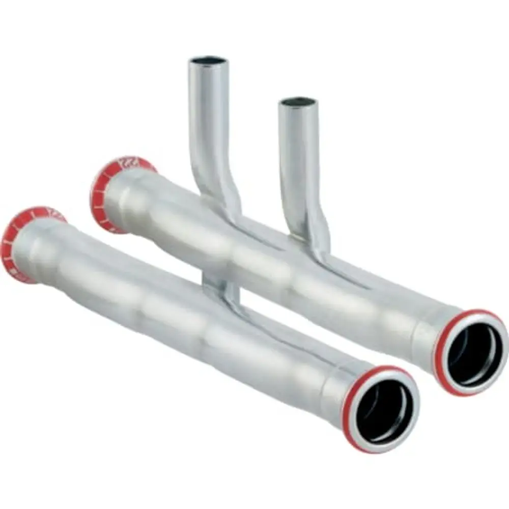 Mapress C-Stahl T-Stück aus Edelstahl, geeignet für Vor- und Rücklaufanschlüsse. Geberit Produkt, verchromte Oberfläche, zwei Anschlüsse.
