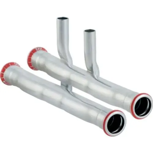Mapress C-Stahl T-Stück aus Edelstahl, geeignet für Vor- und Rücklaufanschlüsse. Geberit Produkt, verchromte Oberfläche, zwei Anschlüsse.