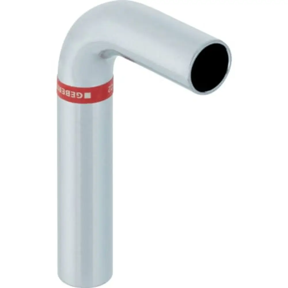 Geberit Mapress C-Stahl Passbogen mit 90°-Biegung, geeignet für Rohrverbindungen. Metallische Oberfläche, zylindrischer Rohranschluss.