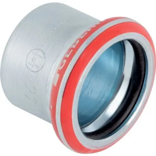 Kappe aus C-Stahl mit rotem Dichtungsring, hergestellt von Geberit, geeignet zur Verbindung von Rohrleitungen. Metallische Oberfläche, zylindrische Form.