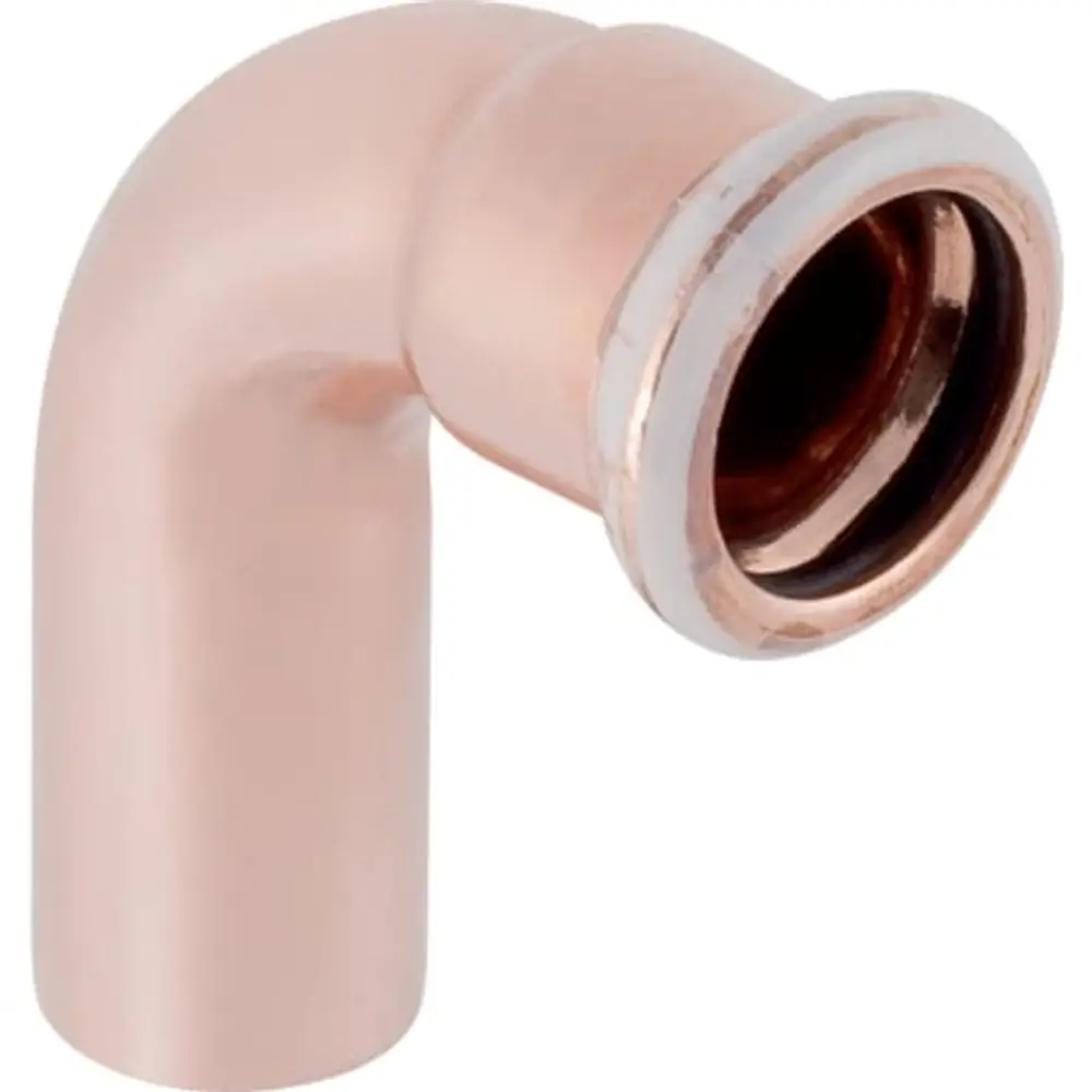 Kupferbogen mit Einschubende, gefertigt von Geberit. Das Produkt hat eine gebogene Form und ist für Rohrverbindungen in der Sanitärinstallation vorgesehen.
