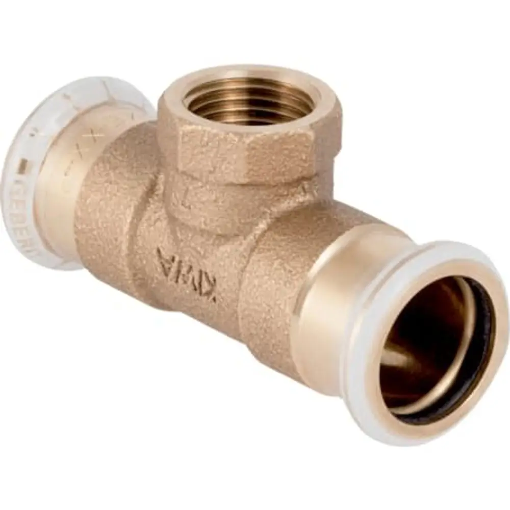 Kupfer T-Stück mit Innengewinde, hergestellt von Geberit. Das Produkt hat zwei Anschlüsse mit zum Anschluss von Rohren geeignetem Design.
