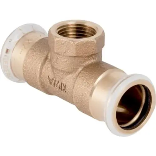 Kupfer T-Stück mit Innengewinde, hergestellt von Geberit. Das Produkt hat zwei Anschlüsse mit zum Anschluss von Rohren geeignetem Design.