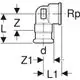 Mapress Kupfer Übergangswinkel in 90°-Form mit Innengewinde und Fitting, dargestellt mit Maßangaben, gefertigt von Geberit.