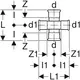 Zeichnung eines reduzierten C-Stahl Kreuzstücks mit Anschlussmaßen, hergestellt von Geberit. Es zeigt die Dimensionen d, d1, Z, Z1, L, L1 und I.