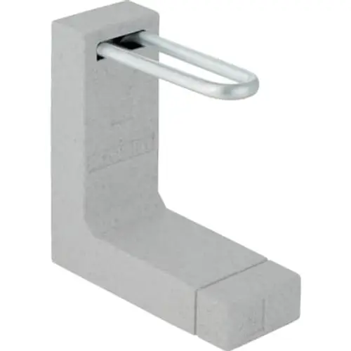 Anschlussbox in grauer Farbe mit U-förmigem Metallbügel, hergestellt von Geberit, zur Verfügungstellung eines Anschlusses für Rohrsysteme.